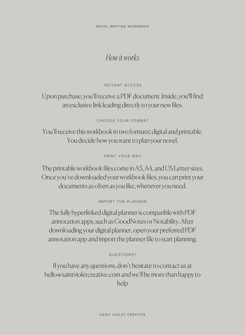 May include: A white and gray graphic with the text "How it works" in black. The graphic describes the process of purchasing a novel writing workbook, which is available in digital and printable formats. The workbook is compatible with PDF annotation apps such as GoodNotes and Notability. The graphic also includes contact information for Saint Violet Creative.