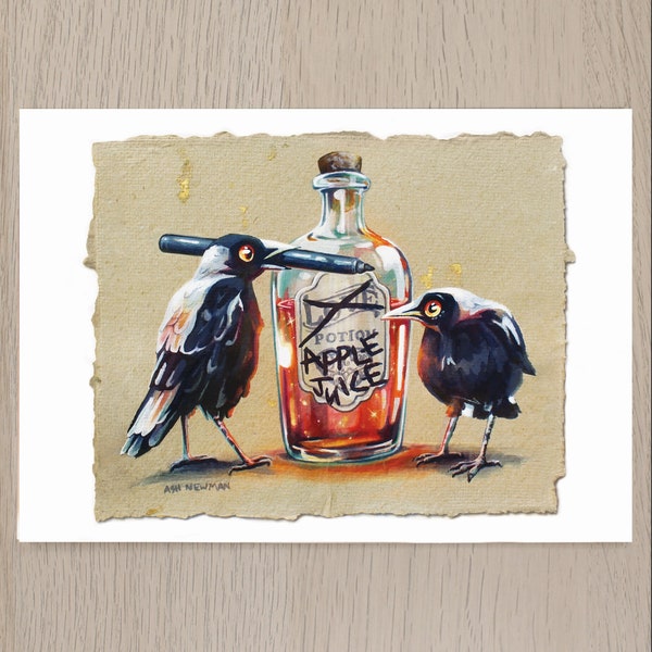 Juicy ARCHIVAL ART PRINT | giclee, Australian Magpie, raven, corvid, crow illustration, witchcore, love potion, alchemy