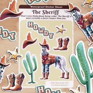 FEUILLE D'AUTOCOLLANTS EN VINYLE Le shérif | lévrier, whippet, lévrier illustration western illustrée
