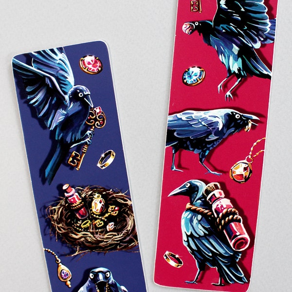 Raven BOOKMARK Double Sided Red + Blue- 5cm x 17cm | Raven, Crow, Corvid