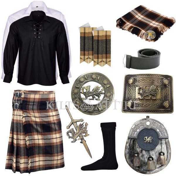 Ensemble de kilt de dragon écossais gallois Ensemble de kilt de mariage pour homme et 10 pièces de robe traditionnelle Disponible en divers 45+ tartans.