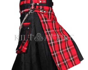 Scottish Gothic Black Utility Kilt Tartan Front Apron Available in 45+ Tartans Sizes (28&quot; to 62&quot;)
