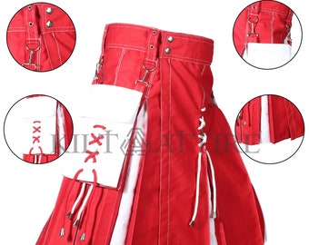 May include: Red and white kilt with a white pocket and white laces. The kilt has a white trim and a white belt with silver buckles.