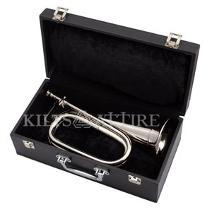 Op de afbeelding: Een zilveren bugel met een zwarte draagtas. De bugel heeft een gebogen ontwerp en een bel aan het einde.