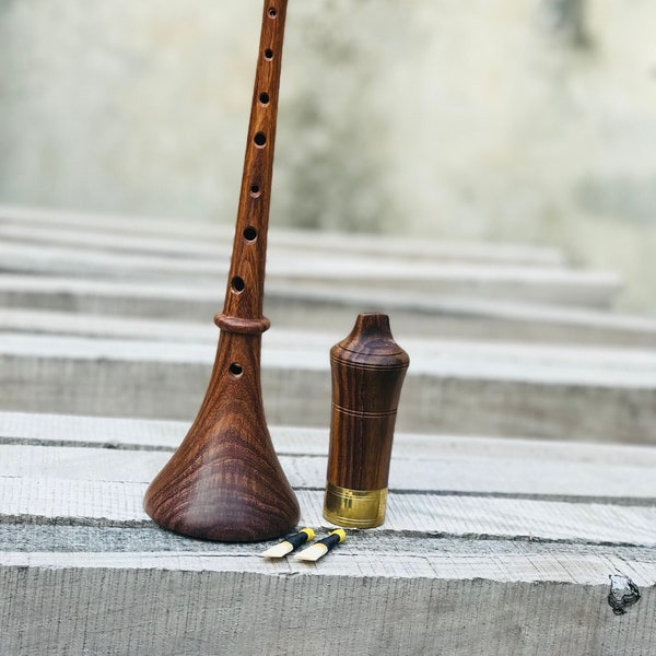 Handmade Rosewood RAUSCHPFEIFE Small Wooden Medieval Shawm Instrument with Two Reeds Music Instrument.