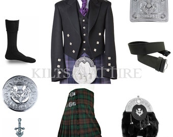 Men's Wedding Kilt Outfit with Prince Charlie Jacket 9 Piece Set Available in 40+ Plus Tartan Clan for Kilts