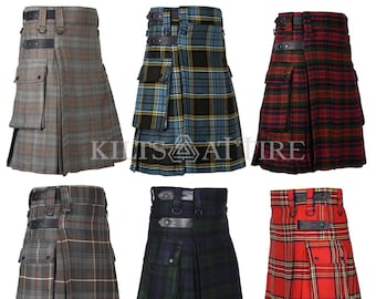 Scottish Highland Men's Tartan Utility Leather Strap Kilt Various 45 Tartans Choices Custom Made Order Kilt 28" to 62" Inch Waist Sizes