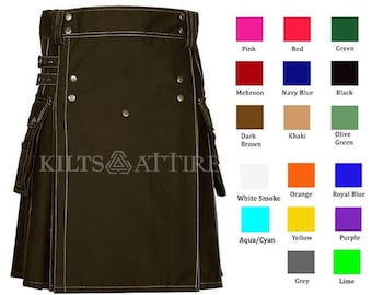 May include: A brown utility kilt with white stitching and a variety of pockets. The kilt is available in a variety of colors, including pink, red, green, maroon, navy blue, black, dark brown, khaki, olive green, orange, white smoke, aqua/cyan, yellow, purple, grey, and lime.