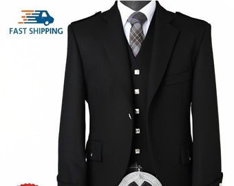 Scottish Men&#39;s Argyle Black Jacket With Waistcoat 100% Serge Wool Wedding Argyle Kilt Jacket for Men | Chest Size 34&quot; to 54 Inches.