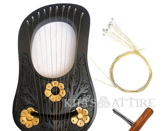Wooden Black Lyre Harp Golden Flower Engraved Lyre Harp 10 Metal Strings Rosewood Lyre / Lyra Harp With FREE Key, Bag, And Sting Set.