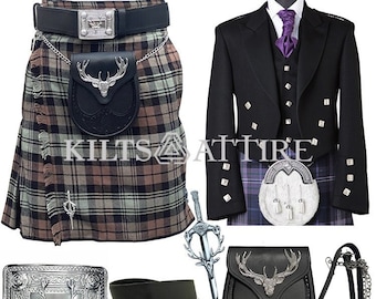 Scottish Men's Kilt Outfit With Prince Charlie Jacket Wedding Kilt Staghead Set Available in 40+ Plus Tartan Clan for Kilts