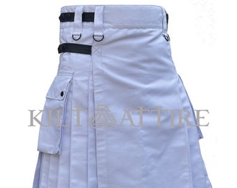 Men&#39;s White High Quality Leatherstrap Kilt With Two Cargo Side Pockets Fashion Kilt