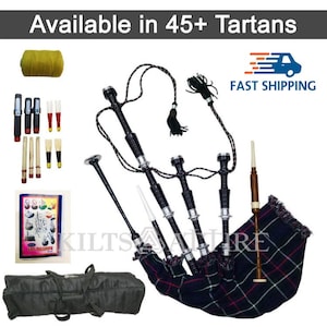 Set completo di cornamuse scozzesi fatte a mano, in palissandro delle Highlands/argento, di colore nero, disponibili in oltre 45 tartan.