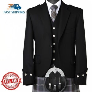 Veste noire à carreaux écossais pour homme avec gilet 100 % laine sergé Kilt à carreaux de mariage en laine sergé pour homme | Tour de poitrine de 34 à 54 pouces.