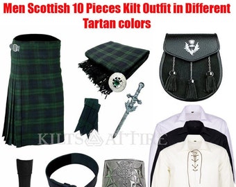 Schottisches Highland Kleid Herren Kilt Outfit für Hochzeit 10-Teiliges Set Erhältlich in 50+ Clan Tartans