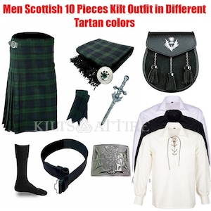 May include: A 10-piece kilt outfit in a green and black tartan pattern. The outfit includes a kilt, a sporran, a kilt pin, kilt hose, a kilt belt, a kilt shirt, a kilt jacket, a kilt sword, and a kilt sash.