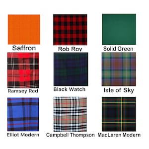 Puede incluir: Una cuadr&iacute;cula de nueve muestras de tela con varios patrones y colores etiquetados como Saffron, Rob Roy, Solid Green, Ramsey Red, Black Watch, Isle of Sky, Elliot Modern, Campbell Thompson y MacLaren Modern, mostrando diversos dise&ntilde;os de cuadros.