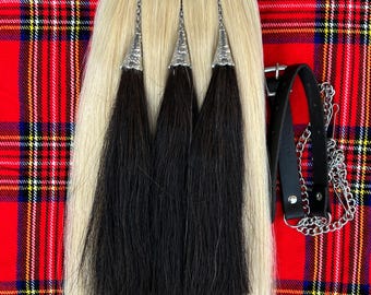 Sporran escocés de pelo de caballo blanco, 100 % original, tres borlas negras, estilo antiguo, estilo gaitero, largo, con cinturón de cadena.