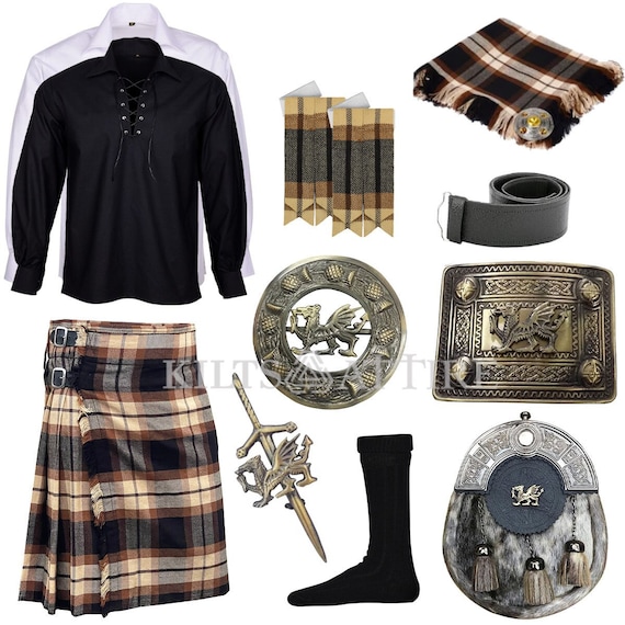 Scottish Welsh Dragon kilt set Men's Wedding kilt outfit & 10 pieces Dress Traditional Kilt Set  Available in Various 45+ Tartans.
