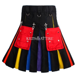 Scottish Hybrid Stud Pockets Kilt Leather Straps In Colorful Pleats Utility Custom Rainbow Pride Kilt Sizes 28&quot; to 62&quot;