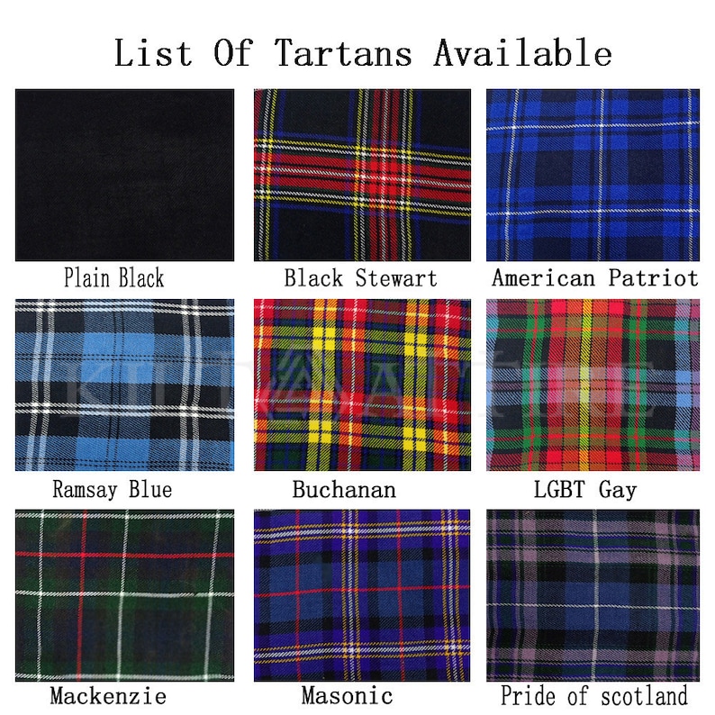 May include: A selection of tartan fabric swatches, including plain black, and various plaid designs. The image features a range of colours, such as blue, red, green, and yellow. The text at the top of the image reads "List Of Tartans Available."