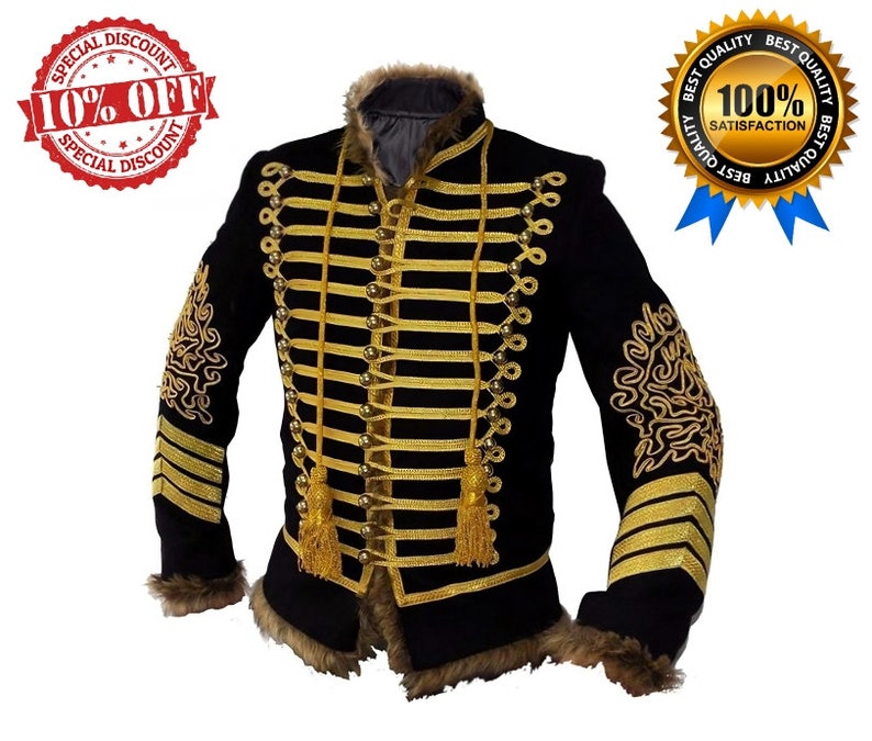 May include: A black jacket with gold trim and a faux fur collar. The jacket has a military-inspired design with gold buttons and braided trim.