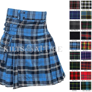 May include: A blue and black tartan kilt with a buckle closure and a large pocket on the side. The kilt is pleated and has a traditional design. The image also shows a variety of different tartan patterns.