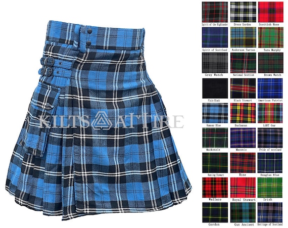 Men's Tartan Utility Kilt Black Buttons Cargo Pockets Kilt In 45 Tartans Custom Made Kilt 28" to 62" Inch Waist Sizes