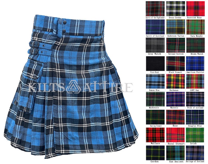 May include: A blue and black tartan kilt with a buckle closure and a large pocket on the side. The kilt is pleated and has a traditional design. The image also shows a variety of different tartan patterns.