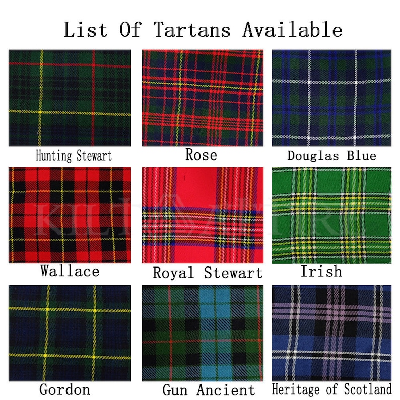 May include: Nine different tartan patterns are displayed, each with a distinct design and name. The tartans include Hunting Stewart, Rose, Douglas Blue, Wallace, Royal Stewart, Irish, Gordon, Gun Ancient, and Heritage of Scotland. The title "List Of Tartans Available" is at the top.