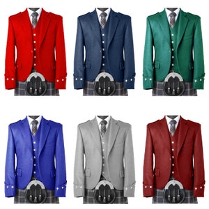 May include: Six men's jackets in different colours, each with a matching waistcoat. The jackets are all the same style, with a single button fastening and a pocket on each side. The waistcoats have a similar style, with a button fastening and a pocket on each side. The jackets are shown in red, blue, green, royal blue, grey, and burgundy.