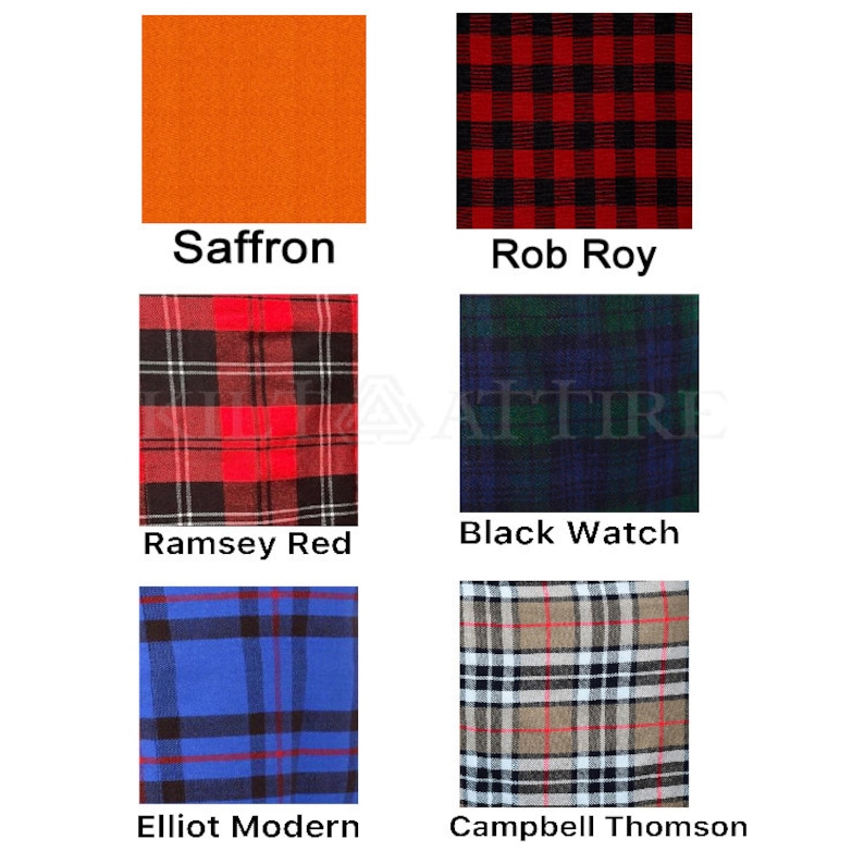 May include: Six different plaid patterns, including Saffron, Rob Roy, Ramsey Red, Black Watch, Elliot Modern, and Campbell Thomson.