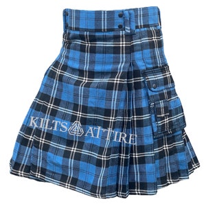 May include: A blue and black plaid kilt with a large cargo pocket on the right side. The kilt is pleated and has a black waistband with buttons.