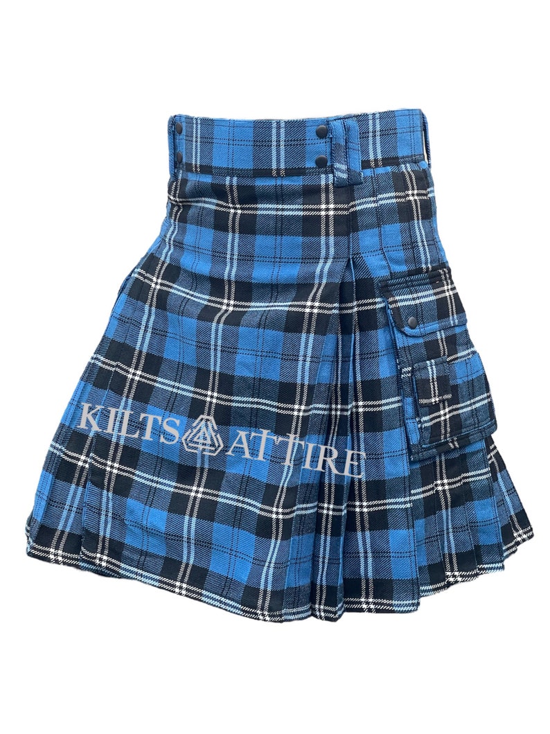 May include: A blue and black plaid kilt with a large cargo pocket on the right side. The kilt is pleated and has a black waistband with buttons.