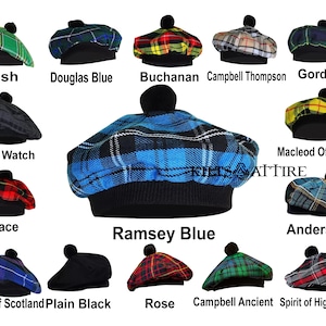 Berretto tradizionale scozzese Tam o' Shanter, berretto Balmorals in tartan, disponibile in 45+ tartan