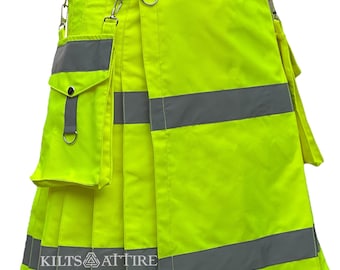 Men&#39;s Neon Green Kilt Reflector Tape Utility Kilt Sizes 28&quot; to 62&quot;