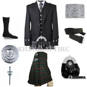 May include: A traditional Scottish kilt outfit with a black jacket, green and black tartan kilt, black socks, a silver kilt pin, a black leather sporran, a silver belt buckle, and a black leather belt.