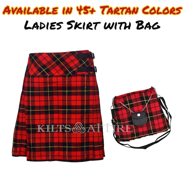 Jupe kilt écossaise longueur genou pour femme Kilts plissés dans le dos 20 pouces de longueur | Minijupes écossaises pour femmes avec sac pour femme dans plus de 45 tartans