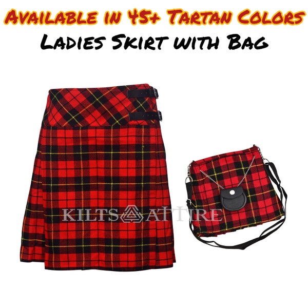 Jupe kilt écossaise longueur genou pour femme Kilts plissés dans le dos 20 pouces de longueur | Minijupes écossaises pour femmes avec sac pour femme dans plus de 45 tartans