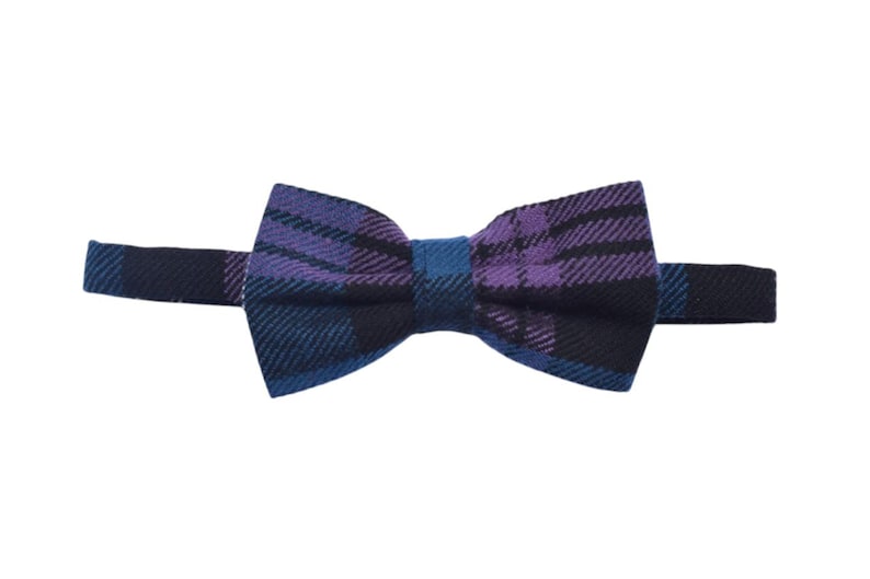 May include: A purple, blue, and black plaid bow tie.