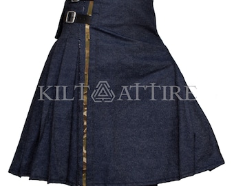 Scottish High Quality Blue Denim Kilt With Two Back Pockets Fashion Kilt For Men