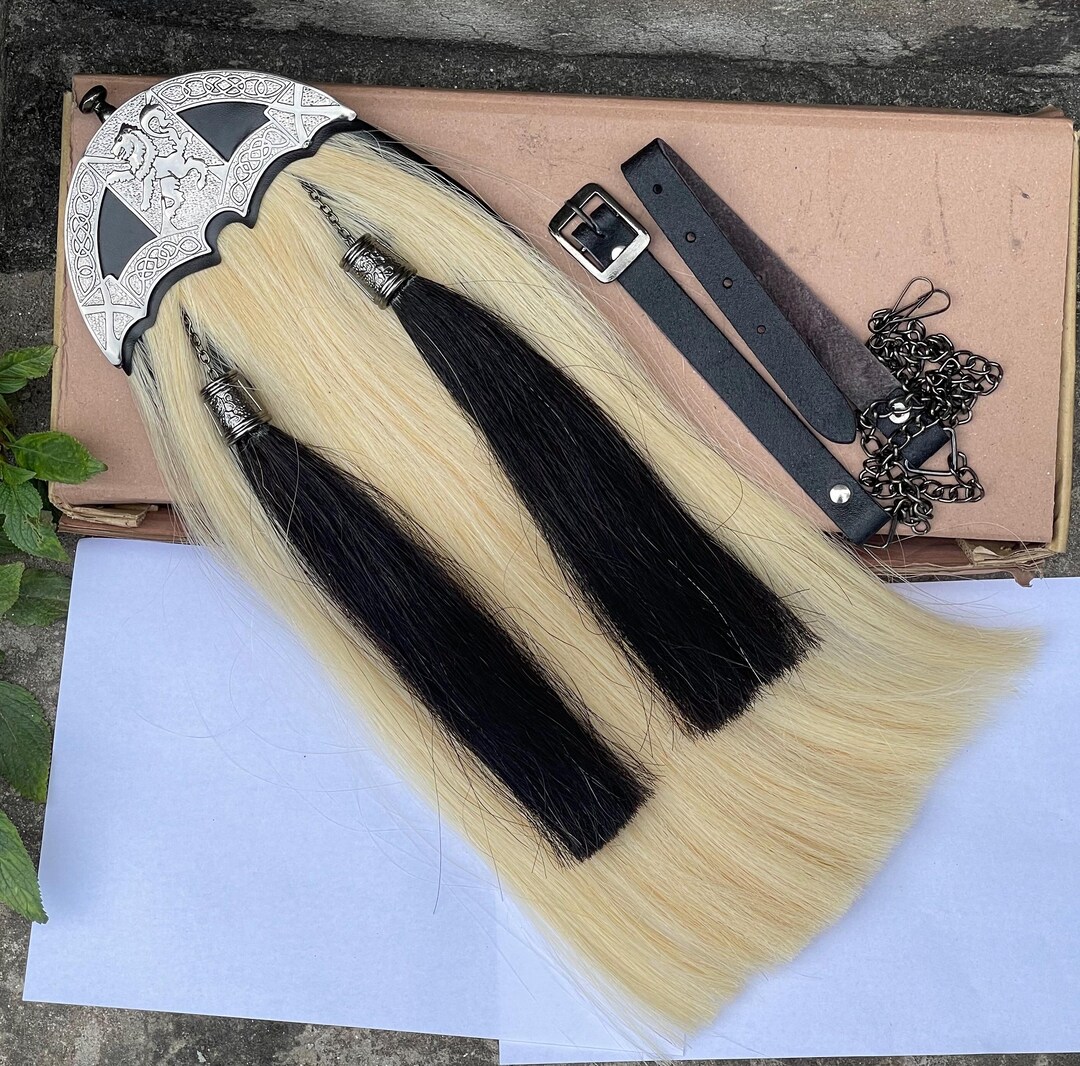 Antique Original Horse Hair Sporran White Body With Two Black Tassels main image 1