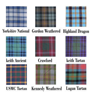 May include: Nine fabric swatches displaying different tartan patterns. The swatches include Yorkshire National, Gordon Weathered, Highland Dragon, keith Ancient, Crawford, keith Tartan, USMC Tartan, Kennedy Weathered, and Lugan Tartan.