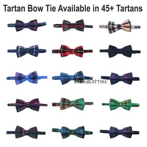 May include: A collection of 12 tartan bow ties in various colours and patterns. The bow ties are arranged in four rows of three. The text "Tartan Bow Tie Available in 45+ Tartans" is at the top of the image.