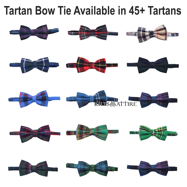 May include: A collection of 12 tartan bow ties in various colors and patterns. The bow ties are arranged in four rows of three. The text "Tartan Bow Tie Available in 45+ Tartans" is at the top of the image.