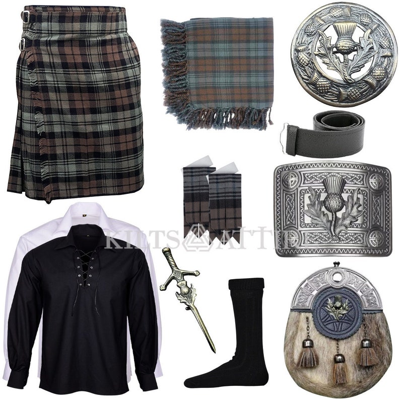 Men's Thistle Sporran Scottish kilt set Wedding kilt outfit & 10 pieces Dress Traditional Kilt Set Available in Various 45+ Tartans. Black Watch Weather