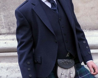 Men's Scottish Blue Wool Argyle Kilt Jacket With 5 Button Vest 17th Century Argyle Wedding Jacket | Chest Size 34" to 54" Inches.