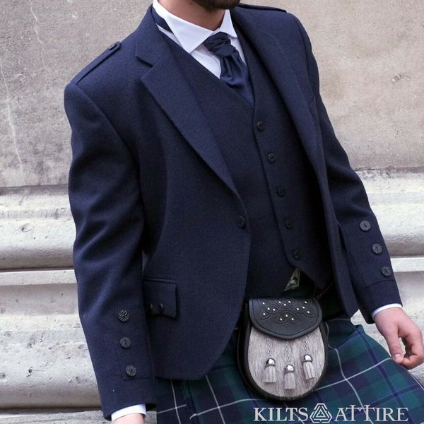 Veste kilt homme en laine bleue écossaise à losanges avec gilet à 5 boutons Veste de mariage à losanges du XVIIe siècle | Tour de poitrine de 34 à 54 pouces.