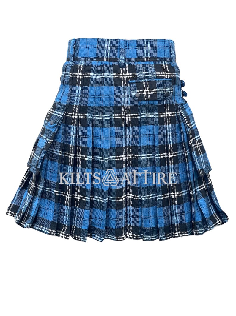 May include: A blue and black plaid kilt with two large cargo pockets on the sides. The kilt has a pleated design and is made of a woven fabric.