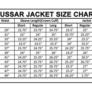 May include: A size chart for Hussar jackets, showing measurements in inches for chest, waist, sleeve length, and jacket length. The chart includes options for short, regular, and long sleeve lengths.